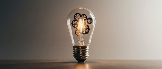 Glowing lightbulb with visible gears inside, symbolizing innovation, ideas, and creative engineering.