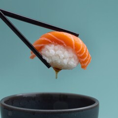 Sashimi Traditional Japanese Food with Chopsticks and Dripping Sauce
