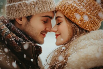 Couple embracing in the snow.