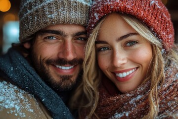 Couple embracing in snowfall.
