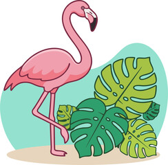 Pink Flamingo and Monstera Leaves Vector Illustration – Tropical Bird Minimal Art Isolated