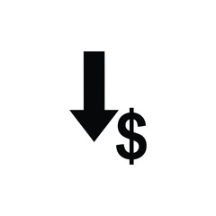 Dollar sign with downward arrow symbolizing financial loss, economic downturn, or decrease in value in a clean vector icon