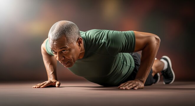 Senior African American man doing pushups in sportswear