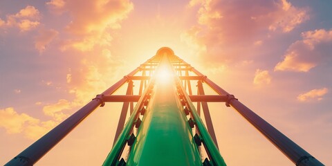 Roller coaster track sky steel low angle view with colorful sunset clouds