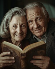 Elderly couple smiling while holding a photo album indoors  