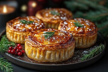 small pastries with holly and berries on plate.