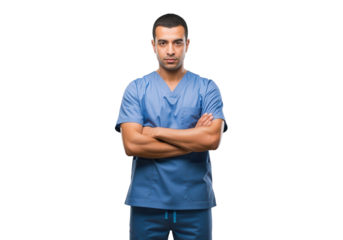 Serious Doctor or Nurse with Arms Crossed on White