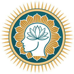 A circular lotus flower design with a profile of a head inside.