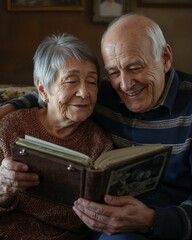 Elderly couple holding photo album and smiling together indoors  