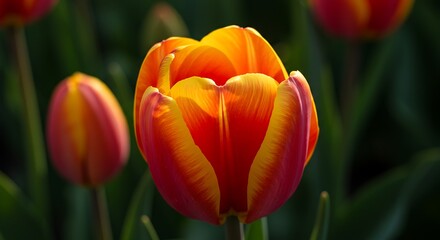 Vibrant red and yellow tulip bloom in sunlight