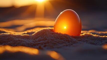 An orange egg surrounded by sand and reflecting light 