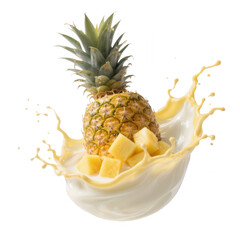 Pineapple Chunks and Whole Fruit Splashing into Creamy Liquid