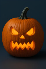 Bright orange pumpkin with a scary face carved into it.