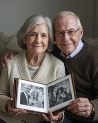 Elderly couple holding photo album and smiling in cozy living room  