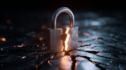 A cracked padlock emits a warm glow, symbolizing vulnerability and breaking barriers amid dark, textured surroundings.