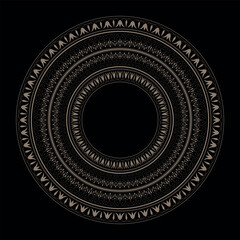 Decorative gold round frame with a European floral pattern. Round frame with Egyptian, Assyrian, and Greek motifs. Template for textiles, engraving, forging, and embroidery.