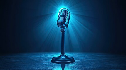 Blue spotlight illuminating a stage with a microphone 