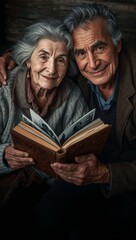 Elderly couple holding photo album and smiling in cozy interior, with copy space