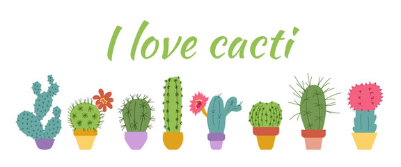 Banner with potted cacti and I love cacti in modern flat style. Perfect for posters, web design, cards, packaging, social media, branding and decorative projects. Trendy botanical artwork