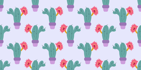 Seamless pattern with blooming cacti in pots on the blue background. Trendy botanical design for textiles, wallpapers, gift wrap, packaging, stationery, branding.