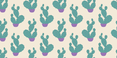 Seamless pattern with opuntia cacti in purple pots on the yellow background. Trendy botanical design for textiles, wallpapers, gift wrap, packaging, stationery, branding.