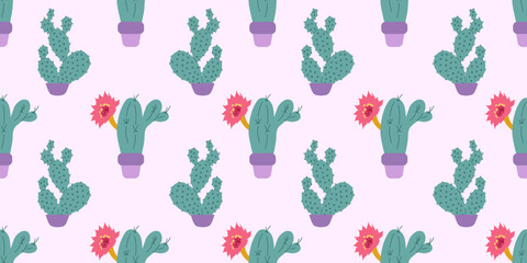 Seamless pattern with blooming cacti in purple pots on the pink background. Trendy botanical design for textiles, wallpapers, gift wrap, packaging, stationery, branding.