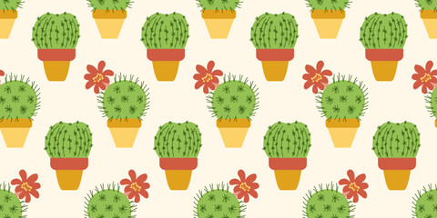 Seamless pattern with blooming cacti in orange pots on the yellow background. Trendy botanical design for textiles, wallpapers, gift wrap, packaging, stationery, branding.
