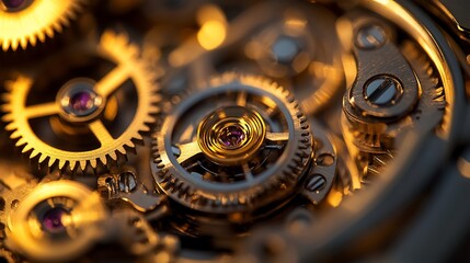 Golden watch gears, intricate mechanism, close-up, workshop background, mechanical precision