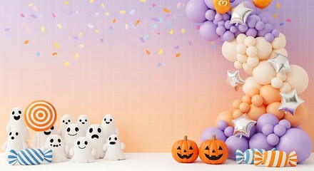 Festive Halloween scene with balloons ghosts pumpkins and candy background