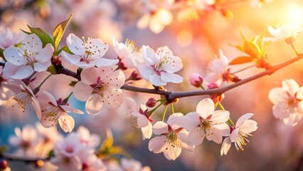 Fototapeta premium Spring cherry blossom branch in warm sunlight