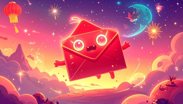 Animated red envelope floating against a colorful sunset sky background