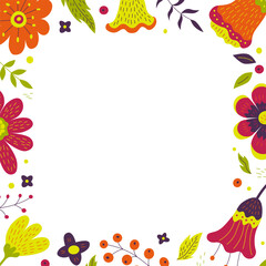 Vector square floral frame with flowers, berries and leaves with empty space in the center for text. Perfect for invitations, greeting cards, posters, packaging, wedding design, branding
