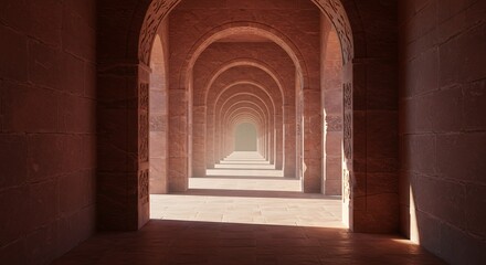 Arched corridor perspective with sunlight architectural design and repeating patterns
