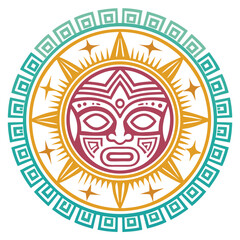 A stylized tribal sun face with intricate geometric patterns. period.