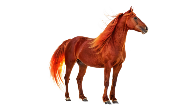 Beautiful chestnut horse with flowing mane poses   isolated on transparent background