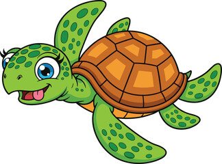 Cartoon sea turtle illustration, green body with spots, orange brown shell, big blue eyes, smiling face, children’s content, vector drawing
