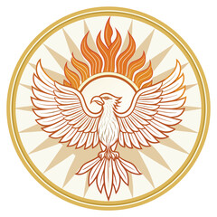 A stylized phoenix rising with flames and sun rays in a circular emblem.