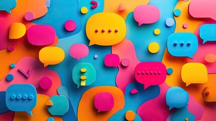 Brightly colored speech bubbles of various shapes, creating an engaging backdrop