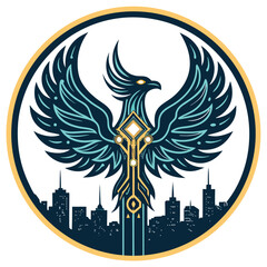 Obraz premium A stylized phoenix logo above a city skyline at night.