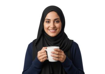 Smiling Muslim Woman Enjoying Coffee Break in Hijab