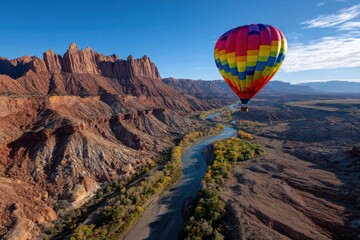 Obraz premium Colorful hot air balloon glides over stunning canyons and river