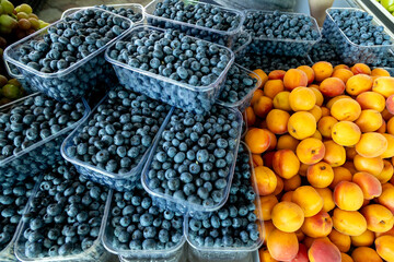 Bright display of packed blueberries stacked beside a colorful pile of juicy apricots at a vibrant farmers market stand, showcasing seasonal summer fruit