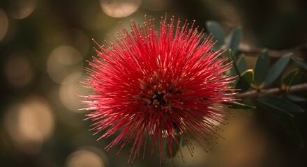 Vibrant red bottlebrush flower with detailed texture against a blurred background