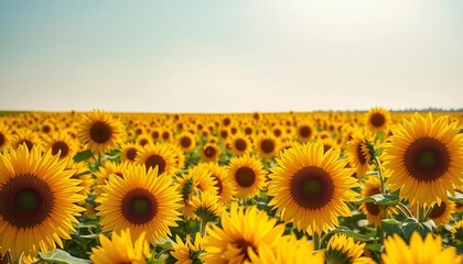 Fototapeta premium Vast field of sunflowers under a bright summer sky, vibrant yellow blossoms stretching to the horizon, stems, beauty
