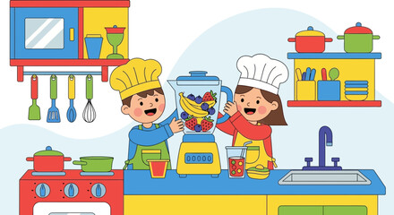 Naklejka premium Joyful cartoon illustration of children making smoothies in a brightly kitchen