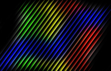 Blue, green, red, and yellow gradient with glowing diagonal stripe effect on a black background — futuristic neon abstract light waves with motion, rhythm, and layered energy.