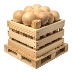 Wooden balls in a crate on a pallet