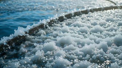 51.A detailed close-up of aeration tanks at a wastewater treatment plant, capturing the bubbling surface of the water as air is infused to facilitate purification. Sunlight reflects off the churning