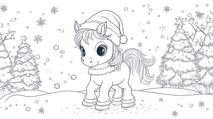 Obraz premium Cute pony in a Christmas hat, snowy landscape, coloring page. Snowy scene with stylized Christmas trees. Adorable pony