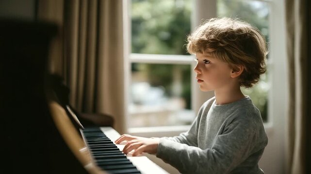child practicing scales on small piano near window with gentle sunlight streaming nurturing talent intimate setting three quarter wide angle cinematic color correction gentle bac